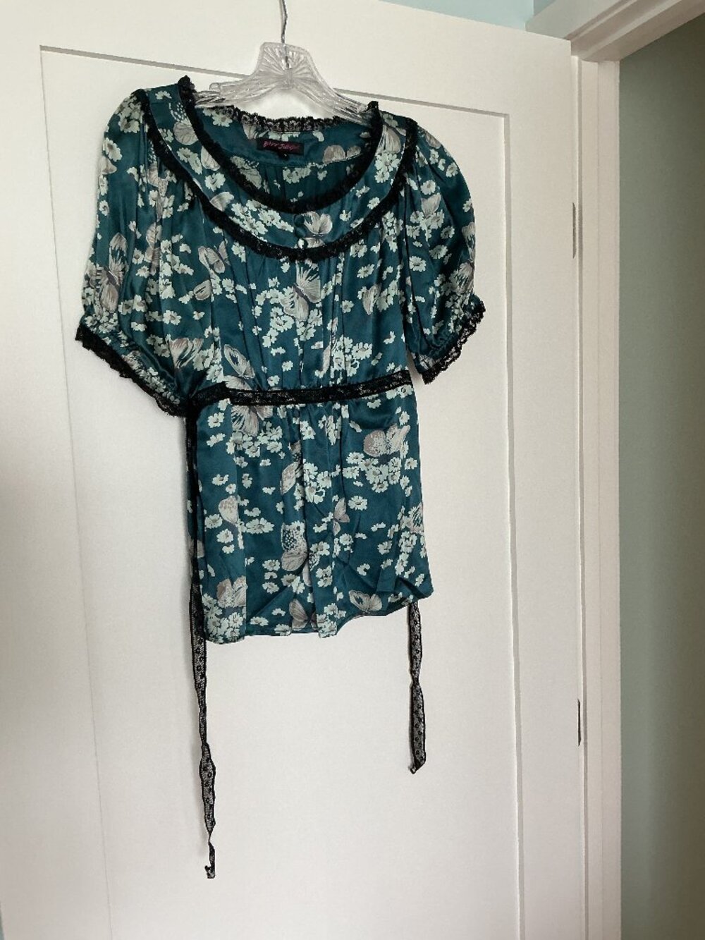 Betsey Johnson Silk Butterfly Puff Sleeve Blouse